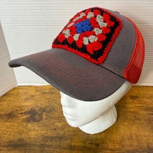 Custom Handmade Crochet Granny Square Mesh Trucker Hat Cap Red Gray Unique Boho